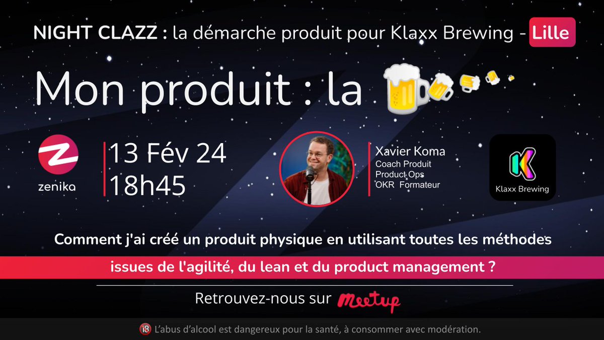 ZenikaIT's tweet photo. 🤔 Peu commun n’est ce pas ?!

#NightClazz - Présentation de la démarche produit pour @KlaxxBrewing 

🗓 13 Février 2024 - 18h45
🎤 Xavier Koma - @IReivax

📍Zenika #Lille - 19 Av. Saint-Maur, La Madeleine 59110.

🔗 S'inscrire : 
https://t.co/1ht5UmQeXl

#Zenika #CodeTheWorld https://t.co/Lce3nHVSYe