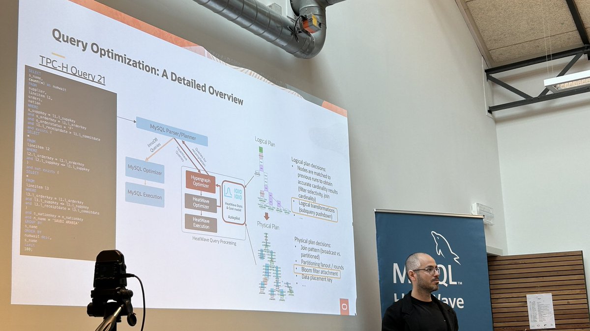 lefred's tweet photo. Very interesting technical presentation about @MySQL Heatwave query processing by @ka2nkara 😮 #MySQLBelgianDays2024 🐬🔥☁️ https://t.co/N8B8CPBTDF