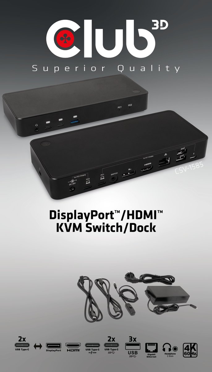 Elevate your productivity with the Club 3D CSV-1585 DisplayPort/HDMI KVM Switch/Dock 4K60Hz for USB Type-C inputs! Seamlessly switch between two hosts with just a click, enhancing your workflow like never before.