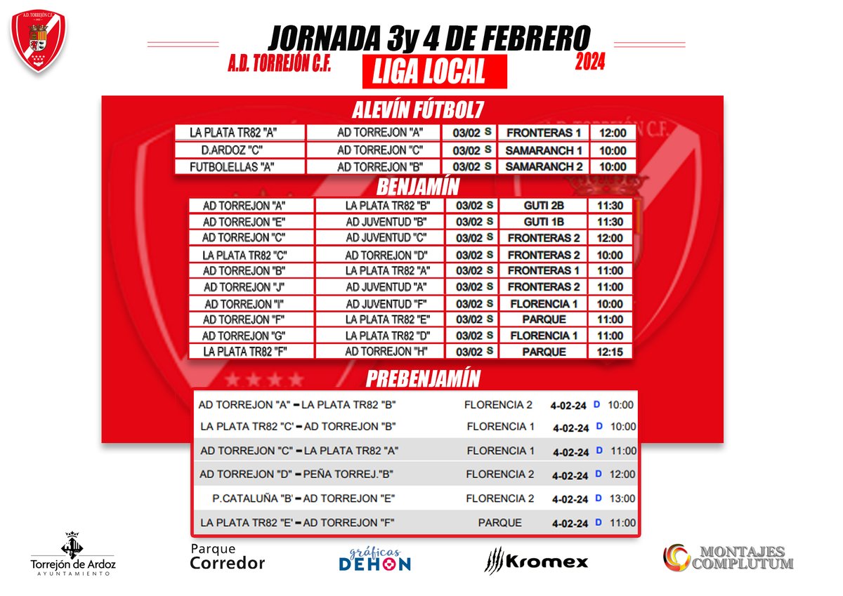 AdTorrejoncf's tweet photo. 🗓️ Horarios para esta jornada🗓️
#montajescomplutum #70aniversarioADT @TorrejonDxte https://t.co/qLMovcaTJf