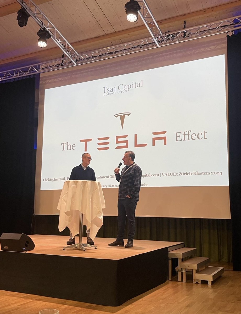 tsaicapital's tweet photo. I'm so grateful to have attended @VALUExZH 2024. @Guyspier and his team put together a truly fantastic event with some of the brightest minds in investing. And what an honor it was to be joined on stage by the gracious @WilliamGreen72 before I presented on $TSLA. #VALUEx #Klosters