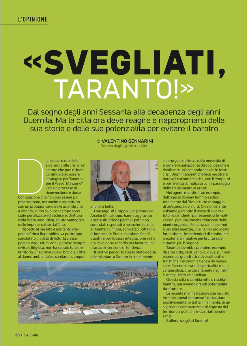 Oggi sullo Jonio l’intervento del decano dei raccomandatari marittimi di Taranto Valentino Gennarini