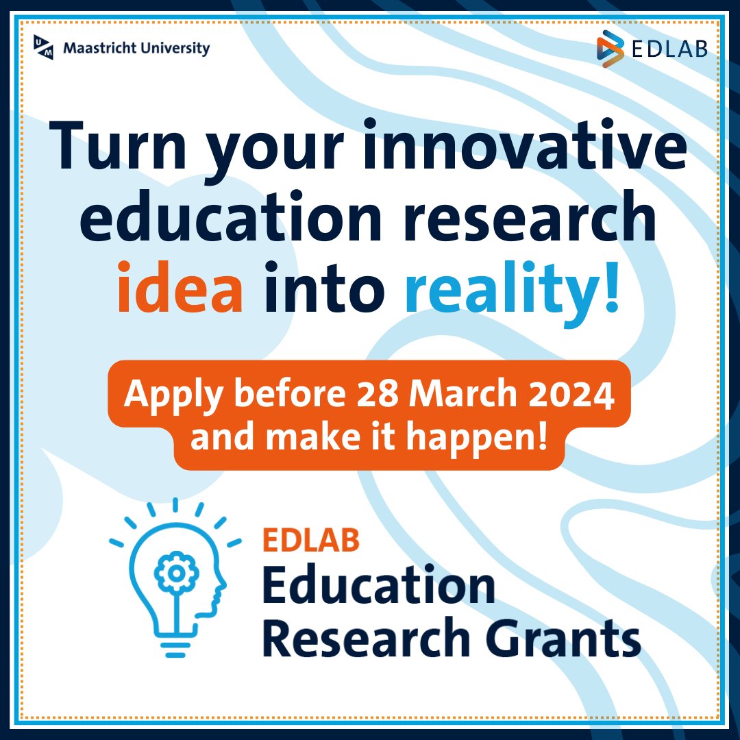 𝗖𝗮𝗹𝗹 𝗳𝗼𝗿 𝗽𝗿𝗼𝗽𝗼𝘀𝗮𝗹𝘀 𝗼𝗽𝗲𝗻: 𝗧𝘂𝗿𝗻 𝘆𝗼𝘂𝗿 𝗲𝗱𝘂𝗰𝗮𝘁𝗶𝗼𝗻 𝗿𝗲𝘀𝗲𝗮𝗿𝗰𝗵 𝗶𝗱𝗲𝗮 𝗶𝗻𝘁𝗼 𝗿𝗲𝗮𝗹𝗶𝘁𝘆! EDLAB invites <a href="/MaastrichtU/">Maastricht University</a>  academic and support staff to apply for an EDLAB education research grant à €10.000, -. 
👉 lnkd.in/e3scvemu