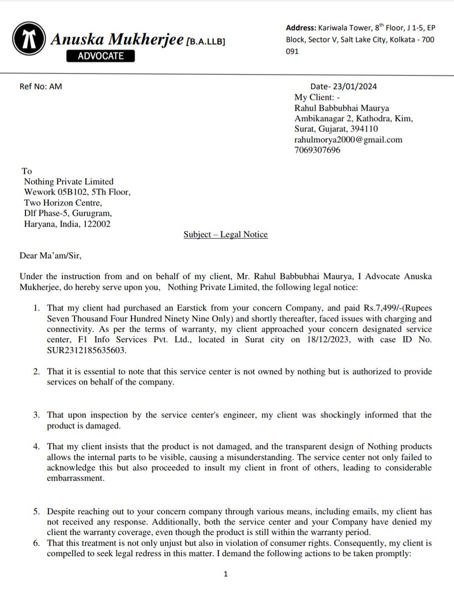rahulmorya2000's tweet photo. @WaterFlashRZ @getpeid I send legal notice to @nothing company gurugram head office successfully delivered on 29 January but still no answer on notice @nothingsupport @getpeid @jagograhakjago @BandBajaateRaho
#Budget2024
#bycottnothing
#cheat
#fraud https://t.co/zTerCFW3zy