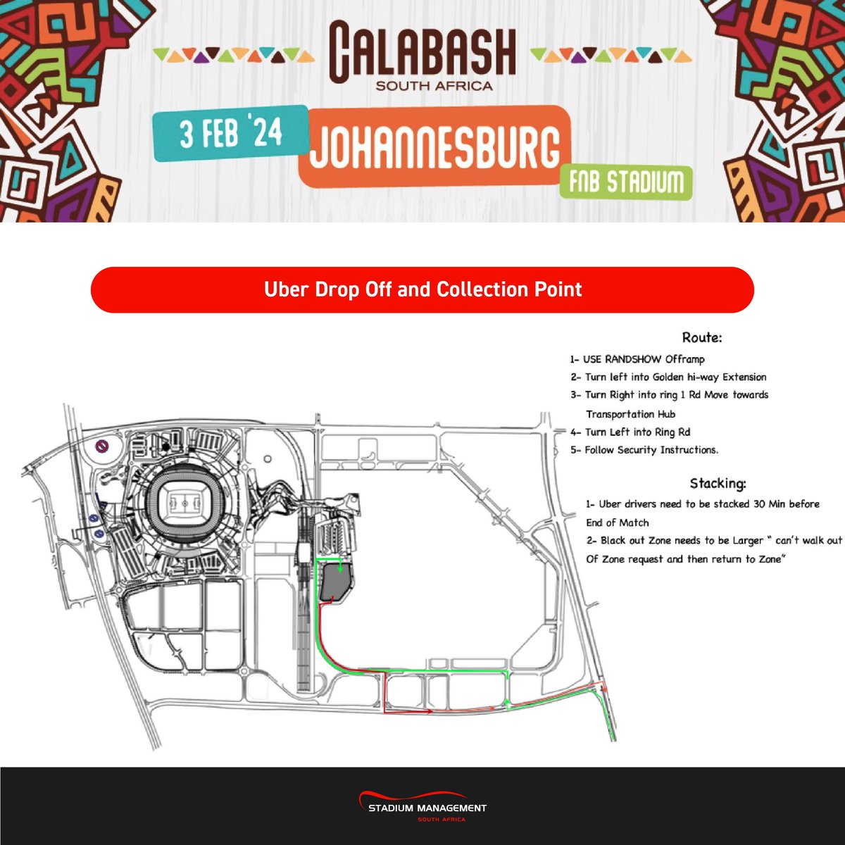 E-hailing services drop off on Exhibition Road & Nasrec Road. Please only use this area to be dropped off and more importantly picked up after the show. This area has been set up for your ease of use. Coordinates: -26.243446, 27.975803 #SMSA #FNBStadium #calabashsouthafricajhb