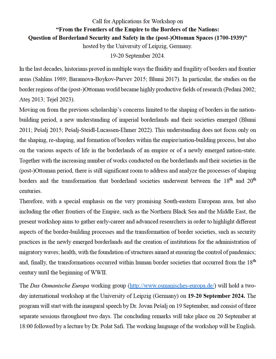 ardakinci's tweet photo. Together w/ Ottoman Europe Res. Group and wonderful colleagues we are organizing the workshop: "From the Frontiers of the Empire to the Borders of the Nations" at the University of Leipzig in September! 

PS: Deadline is fast approaching and please share as widely as possible! 🤓 https://t.co/gub7zWnZrR