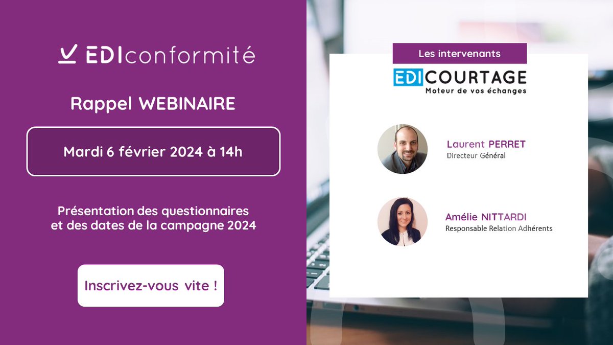 [⌛J-4] N'oubliez pas de vous inscrire à notre webinaire #EDIconformité le 06-02 à 14h !
Au programme : 
Présentation des questionnaires et dates de la campagne de publication 2024

👇Inscrivez-vous directement sur notre site internet 

 ediconformite.fr/services/webin…