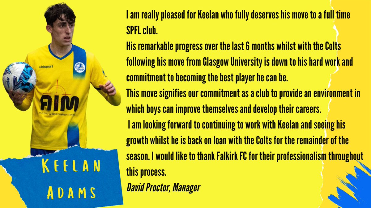 OfficialCColts's tweet photo. We can confirm Keelan Adams has signed for @FalkirkFC 

As part of the move, Keelan will remain with Colts until the end of the season. https://t.co/GQirxdwlkB