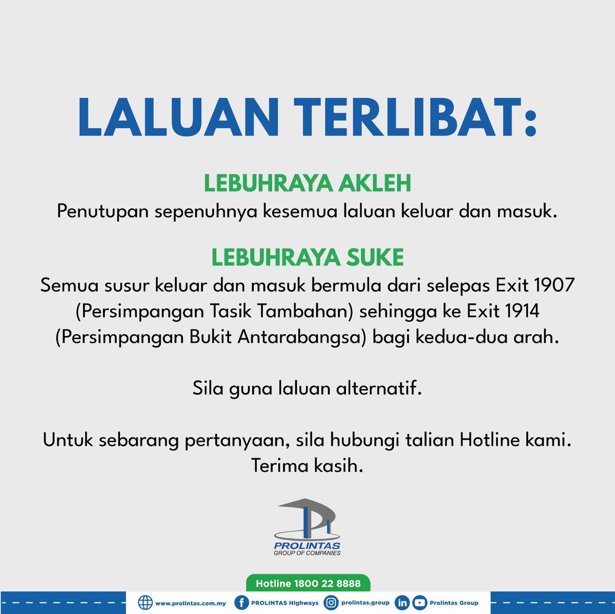 JaPenWPKL's tweet photo. ๐งPENUTUPAN SEMENTARA LEBUHRAYA AKLEH & SEBAHAGIAN LEBUHRAYA SUKE SEMPENA PENGANJURAN AS INTERNATIONAL HALF MARATHON (ASIHM)
#jalantutup #tutupjalan #roadclosure #KualaLumpur #ASIHM #Akleh #Suke #KLCeria #CMSWPKL
@PDRMsia https://t.co/hAmHs6wA0K
