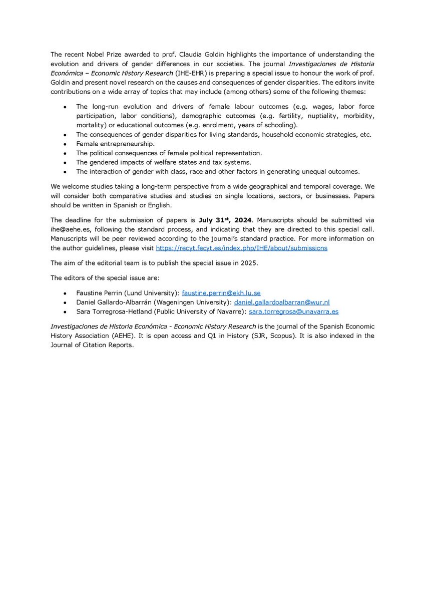 Estimados colegas, La revista Investigaciones de Historia Económica anuncia un número especial sobre género. - Editors🖊️: @faustine_perrin, @DanielGalAlb y @sthetland - Deadline for the submission⏰: 31/07/24 - Call for papers 👇 #History #econhist #Gender