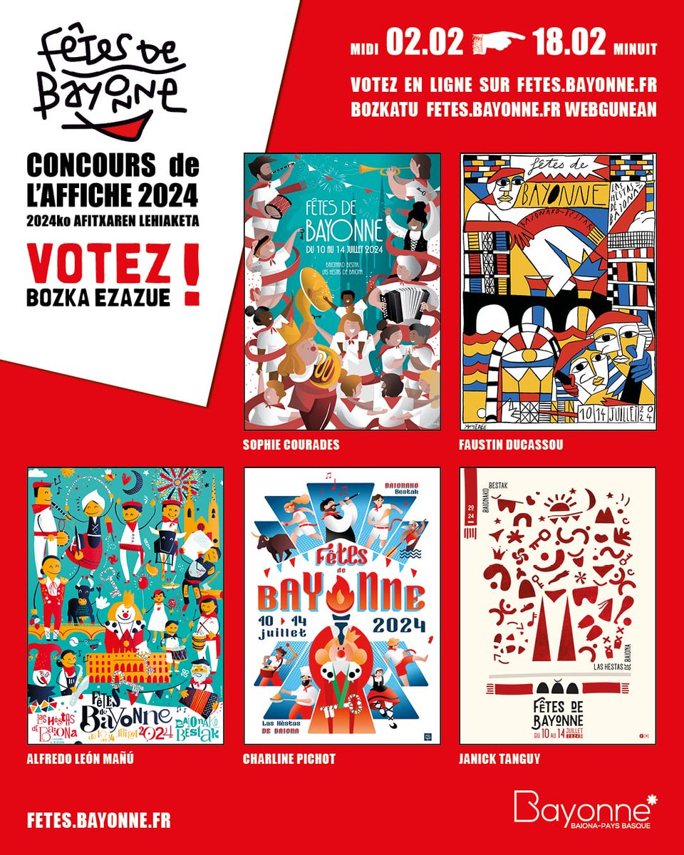 Les votes pour désigner l'affiche officielle des @Fetes_Bayonne de Bayonne 2024 sont ouverts ! Rendez-vous, jusqu'au 18 février 2024 sur 👉 fetes.bayonne.fr ! Les affiches sont exposées à l'Office de Tourisme (@Visitbayonne) & au @MuseeBasque. #FDB2024