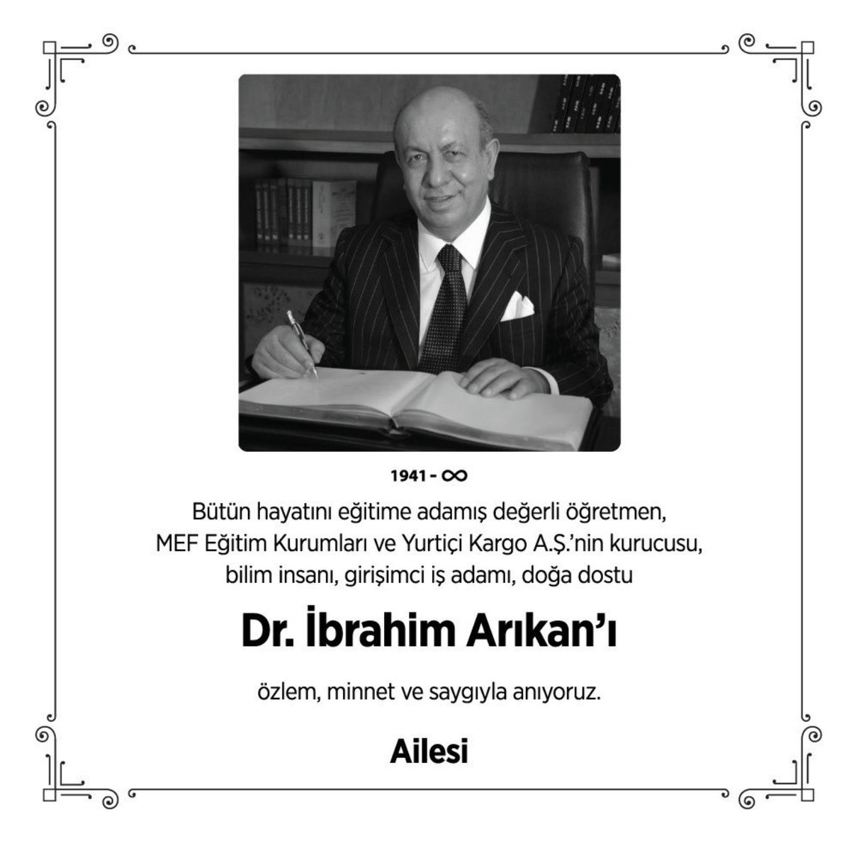 MEFuniversitesi's tweet photo. Özlem, minnet ve saygıyla anıyoruz.

#İbrahimArıkan #02Şubat #Öğretmen #Eğitimci #Biliminsanı #Doğadostu #Girişimci https://t.co/2hAeL2UKZs