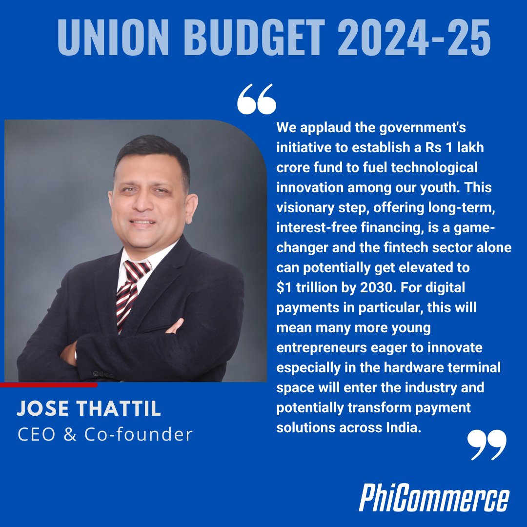 PhiCommerce's tweet photo. The Union budget'24 announced the creation of a ₹ 1 lakh crore financial fund to stimulate R&amp;D in private sector. Our CEO &amp; Co-founder, Jose Thattil shared his thoughts on the impact and opportunities

To know more ➡ https://t.co/TBXExBZCI4

#budget2024 #fintech #payments https://t.co/R7L0EulcQS