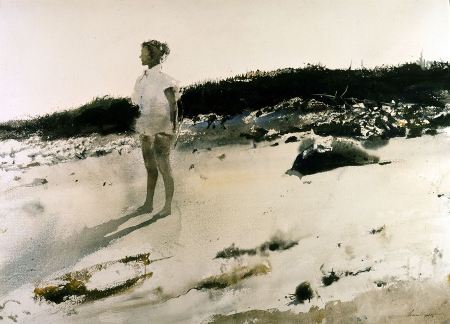Andrew Wyeth depicts his sister Carol standing on the beach ~ to me, the lighting in this watercolour somehow evokes a snapshot photograph (1950) Ogunquit Museum of American Art, Maine