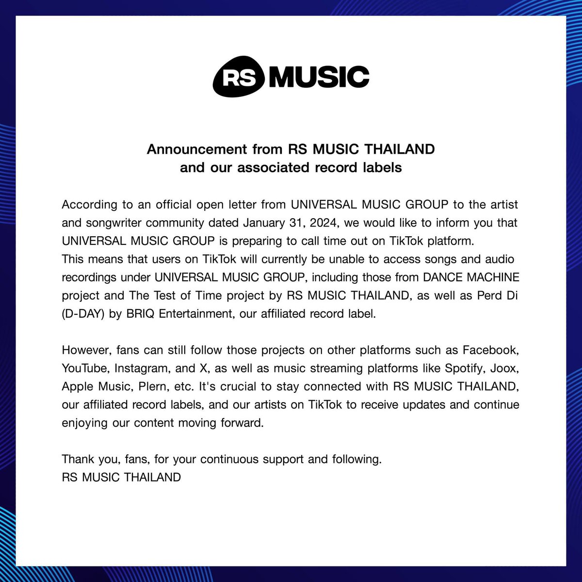 RSMUSICTHAILAND's tweet photo. ประกาศสำคัญ
เรื่องเพลงและแผ่นเสียงบนแพลตฟอร์ม Tiktok
.
Reference to:
https://t.co/zYIihG4mHT
#RSMUSIC
#TheTestofTime
#FLIP_DANCEMACHINE
#BRIQ https://t.co/NzHmdzsWCr