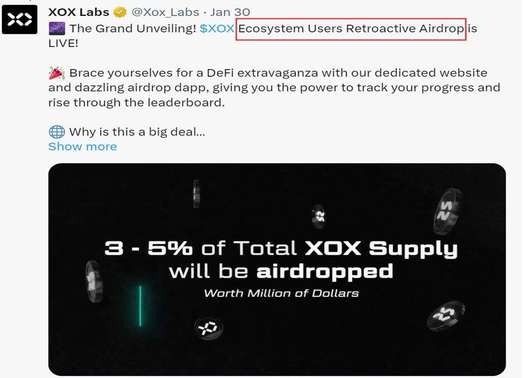 Airdrop6_com's tweet photo. New #airdrop: XoxLabs (For all)
Reward: Point &amp; Token
Market: Bitmart, Uiswap, Certik
Distribution date: After TGE

🔗Airdrop Link: https://t.co/raiWGduSI1

Try to get more points and redeem more XOX tokens
#Airdrop6 https://t.co/AAhqcByaIX