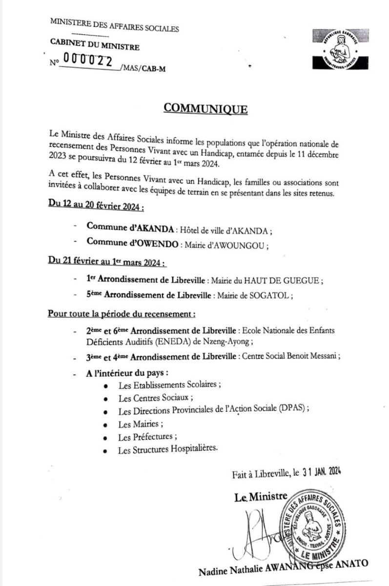 Seconde phase du #recensement des personnes vivant avec un #handicap incluant les #enfants. Informations complémentaires: uni.cf/42r2dt5.
#Gabon