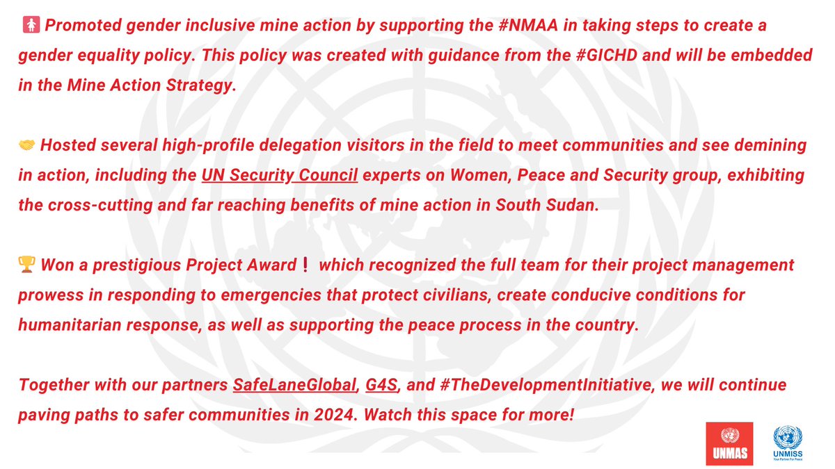 UNMAS's tweet photo. 2023 was a year of triumph for the #SouthSudan programme, as the team successfully transformed danger zones into safe havens for communities. 
We are excited to share some highlights from our buoyant team! #A4P #PK75
@unmissmedia @UNPeacekeeping @Lacroix_UN @theGICHD @G4S @TDI18 https://t.co/MpSw08dcYl