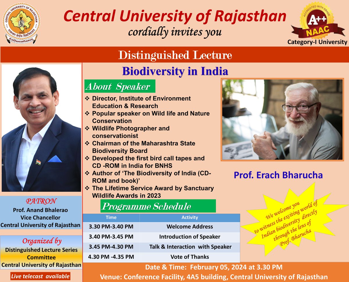 CURajasthan's tweet photo. Dive into the mesmerizing realm of Indian Biodiversity with Prof Erach Bharucha, Director, IEER. Join us for an enriching experience in his Distinguished Lecture on 5th Feb at 3:30 PM. Don't miss to explore the wonders of our natural heritage! 
Prof Anand Bhalerao
Vice Chancellor https://t.co/I4VE9Az5YO