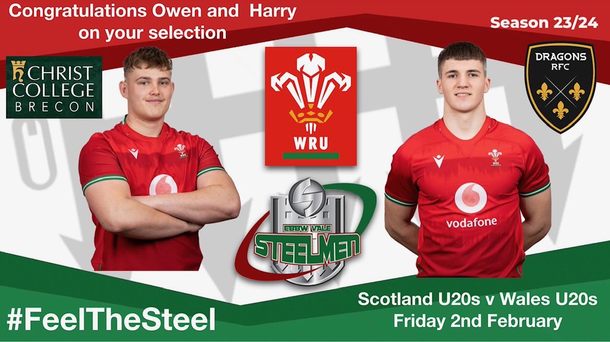 Good luck to Harry Rees-Weldon and Owen Conquer representing Wales U20s against Scotland tonight in the 6 nations.
#FeelTheSteel

Article: evrfc.co.uk/good-luck-harr…

#WalesU20s #Steelmen #ProudClub 

<a href="/AllWalesSport/">All Wales Sport</a> <a href="/Sports_CCB/">Christ College Brecon Sport</a> @dragonsrugby <a href="/southwalesargus/">South Wales Argus</a>