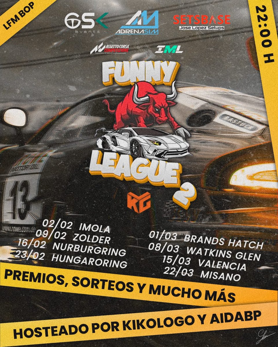 kikologo (@kikologotwitch) on Twitter photo Llegó el momento del comienzo de la FUNNY LEAGUE 2 !!!!
Una liga diferente donde la competencia no está reñida con la diversión. Todos los viernes a las 22:00 horas en:
twitch.tv/kikologo?sr=a
<a href="/AidabpSimracing/">Aidabp_simracing</a> y un servidor os esperamos a todos desde la cabina de retransmisión Llegó el momento del comienzo de la FUNNY LEAGUE 2 !!!!
Una liga diferente donde la competencia no está reñida con la diversión. Todos los viernes a las 22:00 horas en:
twitch.tv/kikologo?sr=a
<a href="/AidabpSimracing/">Aidabp_simracing</a> y un servidor os esperamos a todos desde la cabina de retransmisión