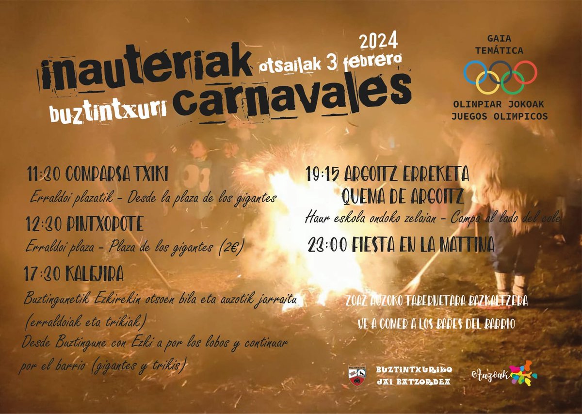 AhotsaInfo's tweet photo. [AGENDA] Buztintxuriko Ihauteriak
📅Ots. 3, larunbata
⏰11.30etatik aurrera
📍Buztintzuri, Iruñea https://t.co/Dgn0v5jouk