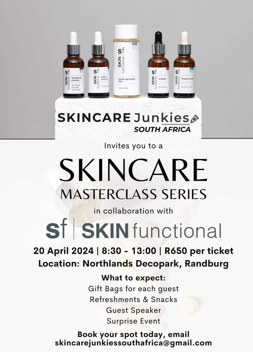 Calling all JHB skincare enthusiasts! Skincare Junkies South Africa is hosting their 1st skincare masterclass with @SkinFunctional, focusing on acne! Expect expert skincare advice and talks, refreshments & snacks, a gift bag & more! Email:  skincarejunkiessouthafrica@gmail.com.