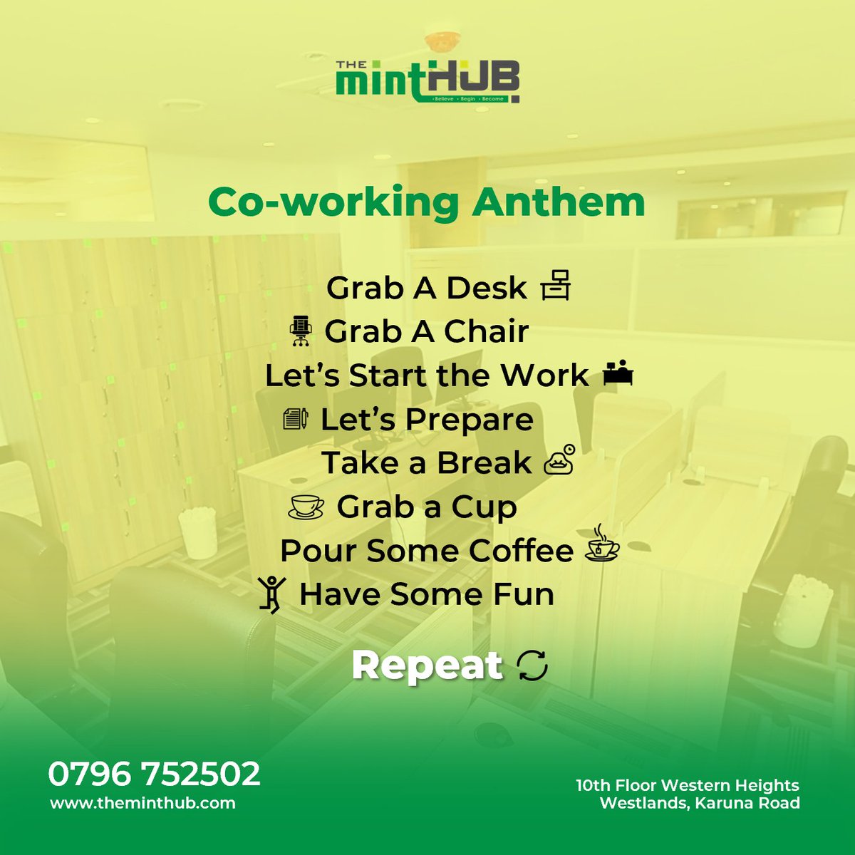 theminthub's tweet photo. @theminthub #coworking anthem is ready 🎶 Sing it loud and work it proud. https://t.co/RFRpTkCu3o

#theminthub #coworkingspace #office #officespace #workspace #entrepreneurship #productive #nairobi https://t.co/7ZmikrS1XH