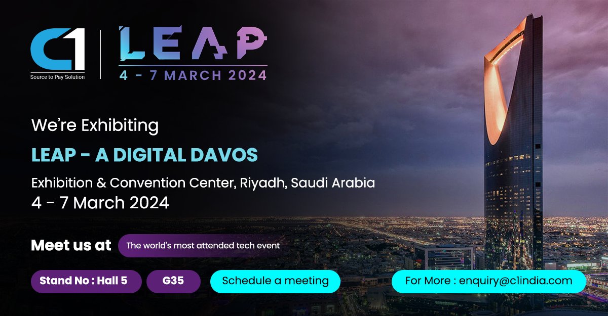 c1india's tweet photo. 🌟 Exciting Event Alert! 🌟

Join us at the @leap Saudi 2024 Event in #Riyadh
Date of the Event: March 4th - 7th March 2024 
Venue: Riyadh Exhibition and Convention Center, Malham, Saudi Arabia
Meet C1 at: Stand No- H5.G35

#C1 #LEAPSaudi2024 #Procurement #SaudiArabia #Networking https://t.co/7Uu30ZK0xX