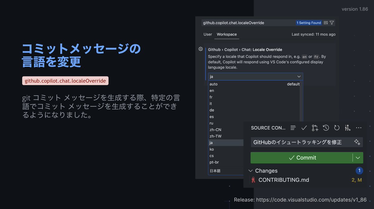 yuhattor's tweet photo. GitHub Copilot アップデート💡

🤖 コンテキスト変数の #file:foobar.json, #editor は超便利です。特定のファイルを指定するなど、コンテキストのコントロールが容易になります

🇯🇵 みなさん Copilot のロケール設定は日本語にしてますか?  今回コミットメッセージも日本語で生成可能になりました:) https://t.co/UVKfzLhkMs