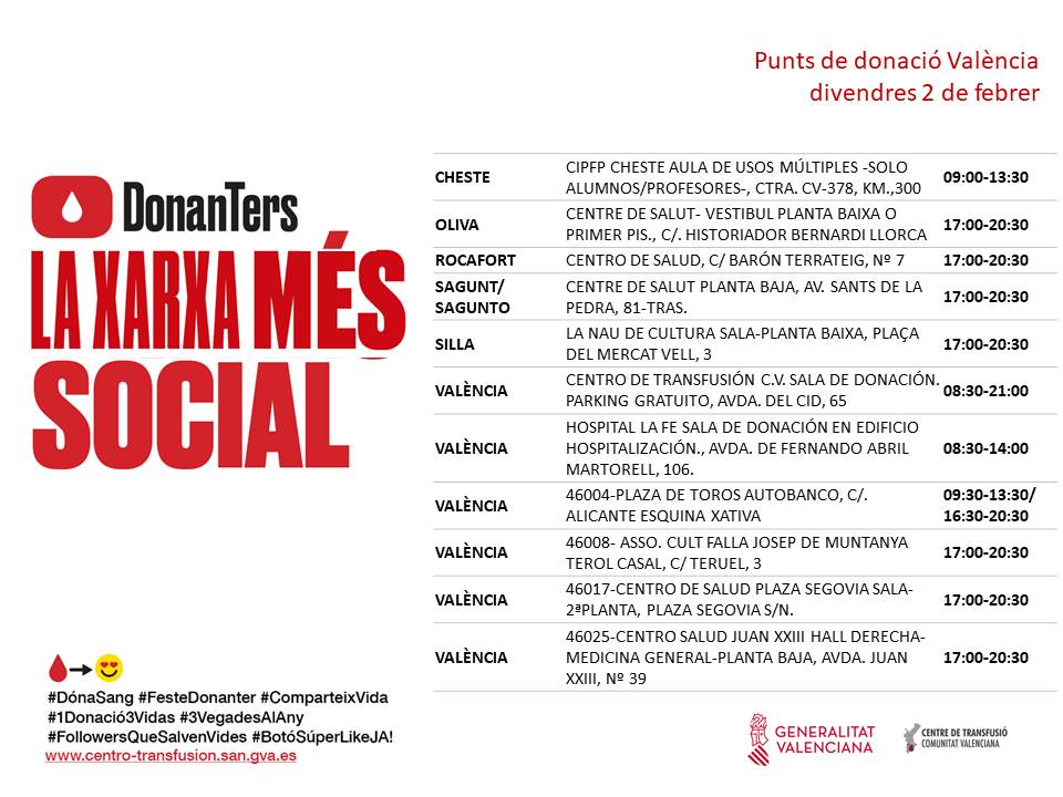 GVAdonasang's tweet photo. Punts de donació #València
📅divendres #2febrer
Donar sang és un acte voluntari i altruista que ens beneficia a tots.
👉T'esperem si ja han transcorregut 2 mesos des de la teua última donació.
#FesteDonanter #ComparteixVida ❤️ https://t.co/ZL6rVy3toO