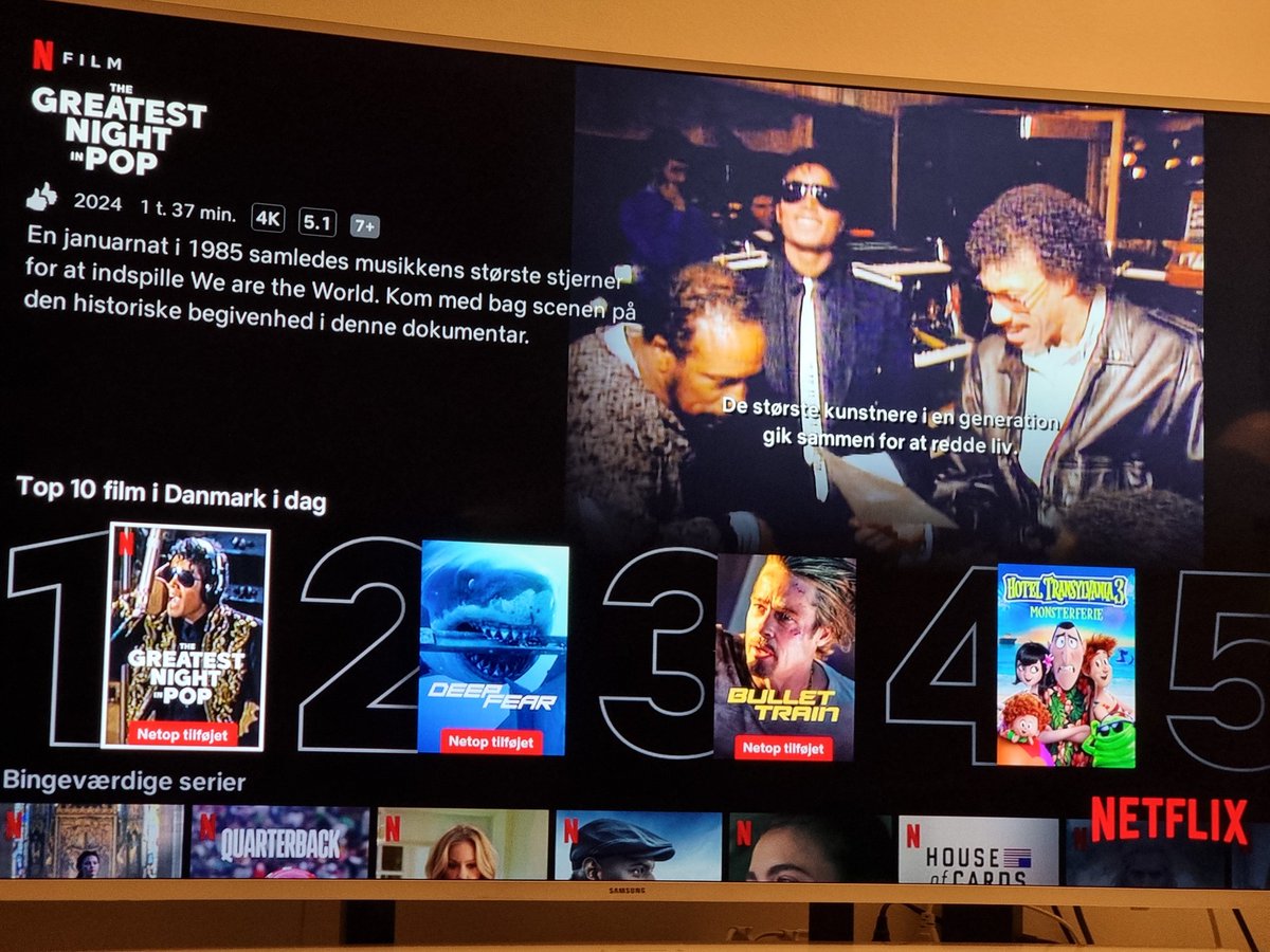 We are the world documentary "The greatest night in pop" is now nr. 1 on the danish 🇩🇰 <a href="/netflix/">Netflix</a>. 

Well done <a href="/LionelRichie/">Lionel Richie</a> 🤩 🥳

#MichaelJackson <a href="/michaeljackson/">Michael Jackson</a> #WeAreTheWorld #mjfam <a href="/tajjackson3/">Taj Jackson</a> <a href="/DianaRoss/">Ms. Ross</a> <a href="/QuincyDJones/">Quincy Jones</a>