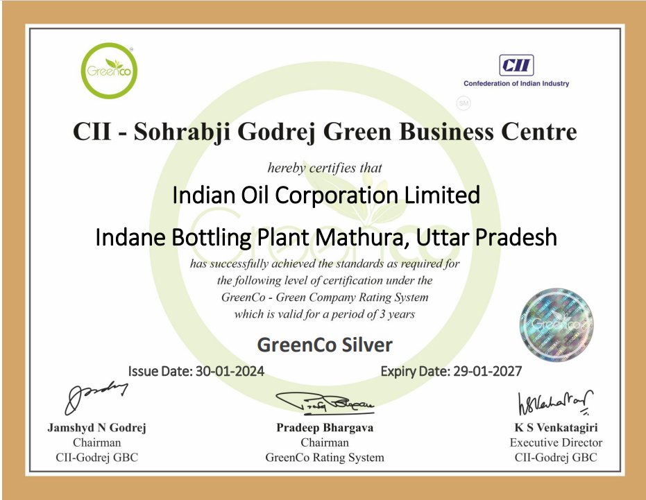 IOCMathuraBP's tweet photo. Mathura BP recieved Greenco Certification on Jan 30 2024 from CII under the leadership of Shri Pradip Sutradhar, DGM(P). Team Mathura has further set target for major reduction in GHG emission through Solar projects.@Bohrashyam2 @ioclupso2 @DirMktg_iocl . https://t.co/lq7I1IxdVD