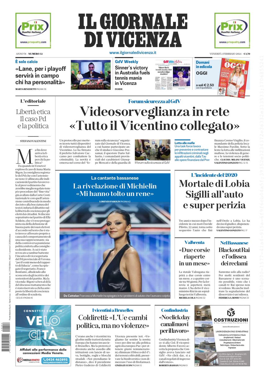 GiornaleVicenza's tweet image. #Buongiorno con la prima pagina del #GdV di oggi, venerdì #2febbraio