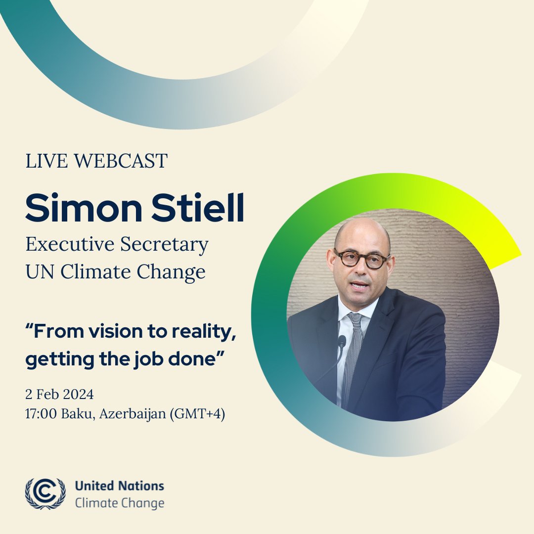 Imagine what the world could look like in 2050... 💚🌍 Watch live as our Executive Secretary @simonstiell outlines the key climate actions needed in the crucial years ahead, building on progress at #COP28. 📅 2 Feb 14:00 CET / 17:00 Baku time 🎥bit.ly/49i4Wr3