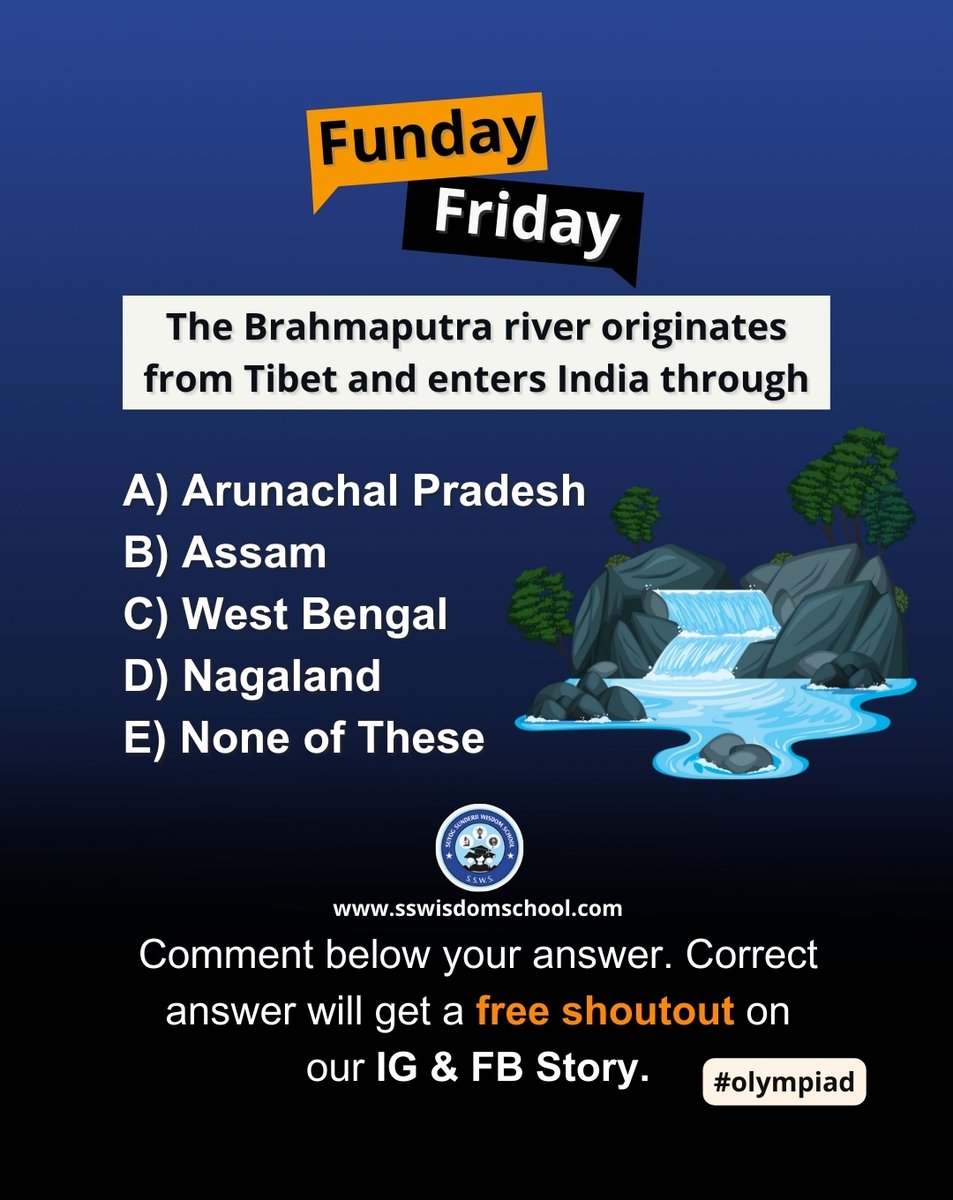 🌏 Dive into geography with our Olympiad challenge! 🚀 Where does the Brahmaputra River enter India?

🤔 Share your answer below, and if you nail it, get a chance for a shoutout on our FB & Instagram Story!

#brahmaputrariver #geographyquiz #geographyeducation #geographyfun