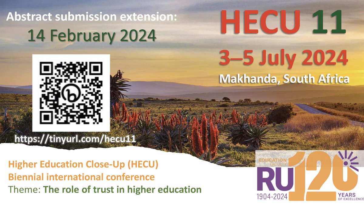 Wanted to put in an abstract for <a href="/higher_hecu/">Higher Education Close-Up (HECU)</a> 11 and ran out of time? Good news, the deadline has been extended to 14 February! Get your abstracts in and join us at <a href="/Rhodes_Uni/">Rhodes University</a> in Makhanda. tinyurl.com/hecu11 #HigherEd <a href="/SiouxMckenna/">Sioux McKenna</a> <a href="/CHERTL_RU/">CHERTL</a> @mags_blackie  <a href="/nicolapallitt/">Dr Nicola Pallitt</a>
