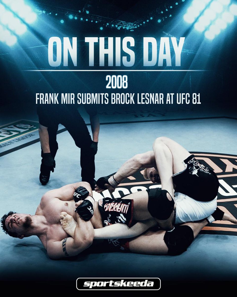 SKWrestling_'s tweet photo. On this day in 2008, #BrockLesnar made his #UFC debut but it didn't go very well as Frank Mir made him submit via a nasty knee-bar in the first round of #UFC81 💥🦵
#MMA #WWE https://t.co/78ARdkfEnD