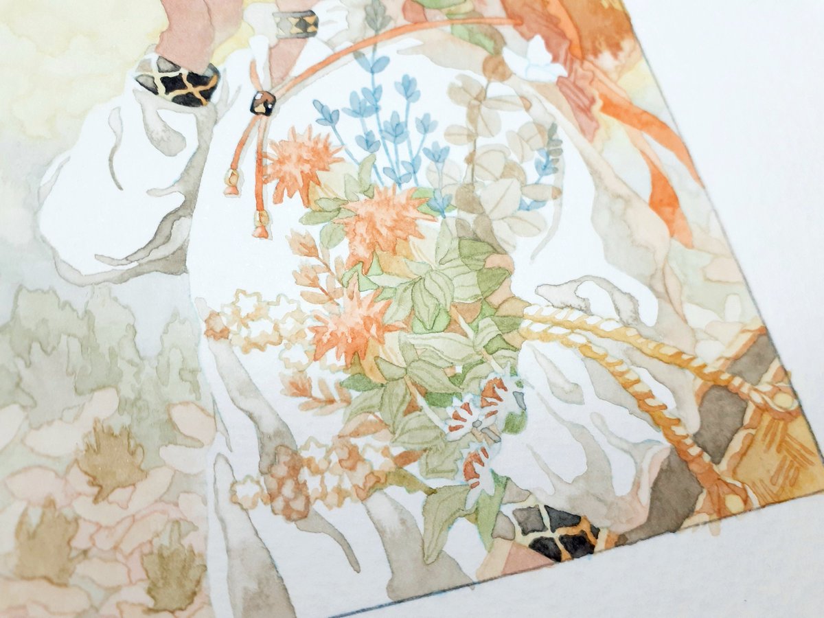 flower solo leaf traditional media long sleeves painting (medium) plant  illustration images