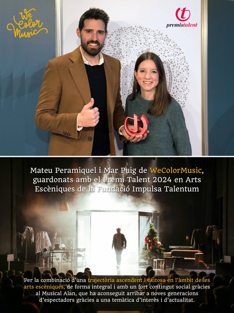 MateuPeramiquel's tweet photo. 🌟🎭✨ WeColorMusic ha rebut el Premi Talent en Arts Escèniques de la Fundació Impulsa Talentum. 🏆 Aquest reconeixement ens inspira a continuar amb la passió per les arts escèniques, 🎉💖 #PremiTalent #ArtsEscèniques #WeColorMusic #MusicalAlan #Cultura @marpuiglecha https://t.co/oOK8oAvBaZ