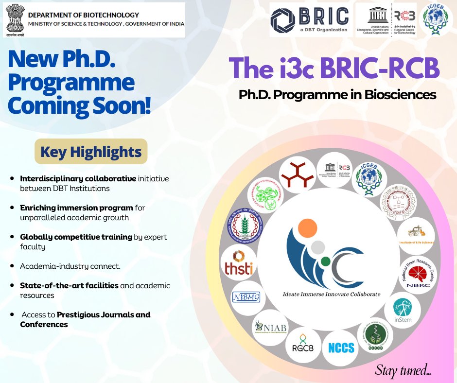 Stay tuned to know more about the soon to be launched multi-disciplinary i3c BRIC-RCB Ph.D. programme in Biosciences!! @DBTIndia @DrSagarSengupta @DrJitendraSingh @rajesh_gokhale