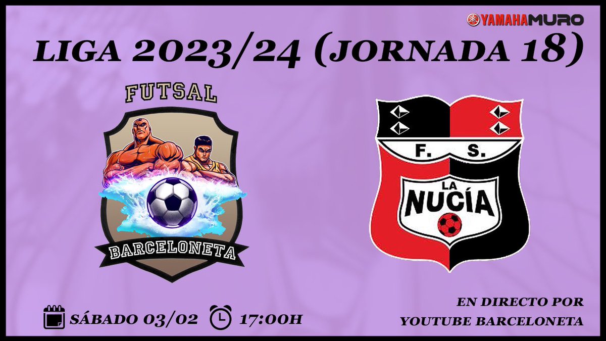 Nueva jornada de liga y nos visita el líder <a href="/CDNuciaFS/">CD Sporting FS La Nucía</a> 
En directo en nuestro canal de YouTube 🎥

Vamos Barceloneta!💪🖤💜

🆚 <a href="/CDNuciaFS/">CD Sporting FS La Nucía</a> 
🕕 Sábado 3 de febrero 17:00h
📺 Youtube Barceloneta 

#vamosbarceloneta #barceloneta #2bgrupo3futsal #futsal <a href="/Futsal2B3/">Futsal 2ªB G3</a>