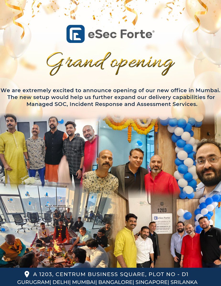 We are extremely excited to announce opening of our new office in Mumbai. The new setup would help us further expand our delivery capabilities for Managed SOC, Incident Response and Assessment Services. . . . #esecforte #cybersecurity #dfir #esecfortians