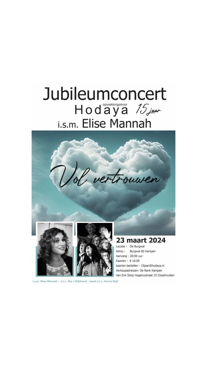 Jij komt toch ook naar dit prachtige jubileumconcert. Samen met <a href="/EliseMannah/">Elise Mannah</a> , Harrie Stijf, <a href="/RiavanDijkhorst/">Ria van Dijkhorst</a> en een geweldige band maken we er een mooie avond van. De kaartverkoop is inmiddels gestart, dus wees er op tijd bij!! Tot 23 maart!