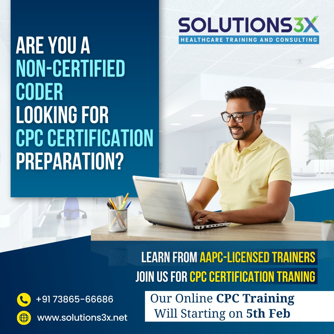 Solutions3xnet's tweet image. Convenient &amp;amp; Comprehensive! Master medical coding from anywhere with our online CPC training.

Our Online CPC training class Will Starting on 5th Feb 
📞 𝐂𝐚𝐥𝐥 𝐮𝐬: Hitec-City : +91-7386566686 | Ameerpet : 8008616964
🌐 𝐕𝐢𝐬𝐢𝐭 𝐮𝐬: solutions3x.net

#solutions3x