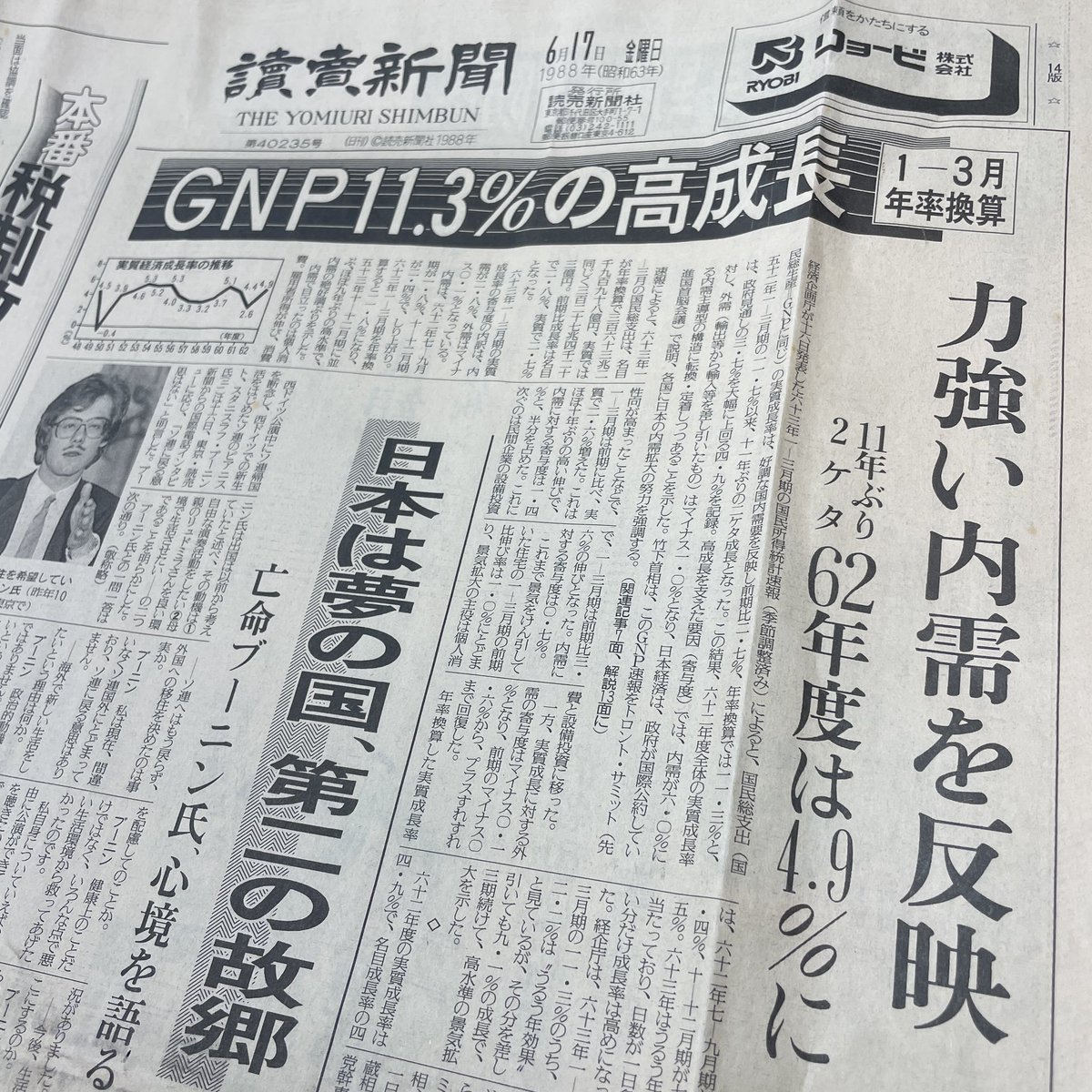 タンスの中敷から出てきた1988年の新聞。 経済成長をごく普通のことの