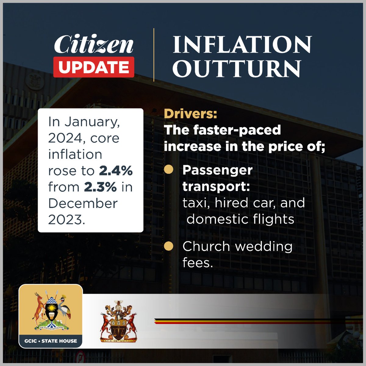 Citizen Update: Core inflation rose from 2.3%  in December 2023 to 2.4 % in January 2024. The major drivers of this inflation were church wedding fees and passenger transport. #BudgetTransparency #OpenGovtUg