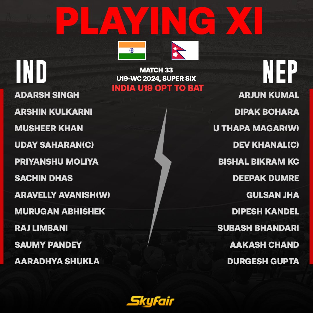 India U-19 have won the toss and elected to bat first against Nepal U-19 in the 33rd match of the U-19 WC 2024

#India #Nepal #INDvsNEP #U19 #U19WorldCup #SuperSixes #TeamIndia #SkyFair