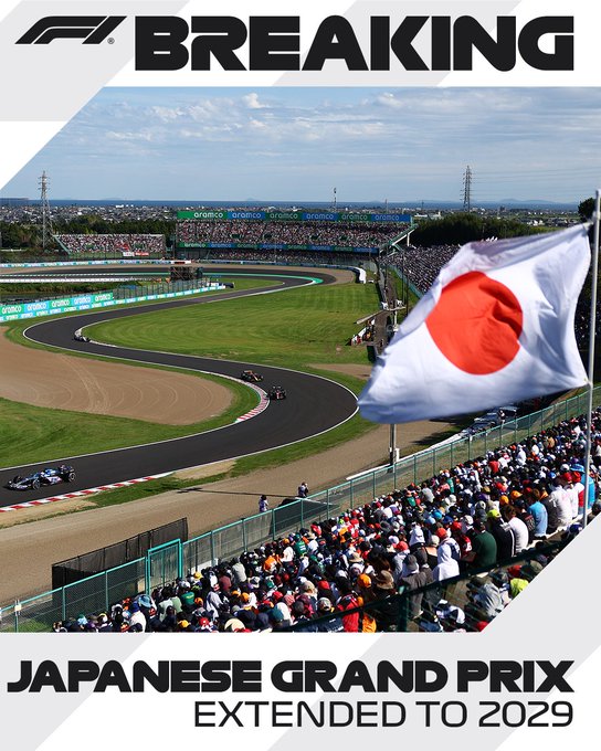 A breaking news graphic with a picture of the Japanese Grand Prix, with the following text: Japanese Grand Prix, extended to 2029!
