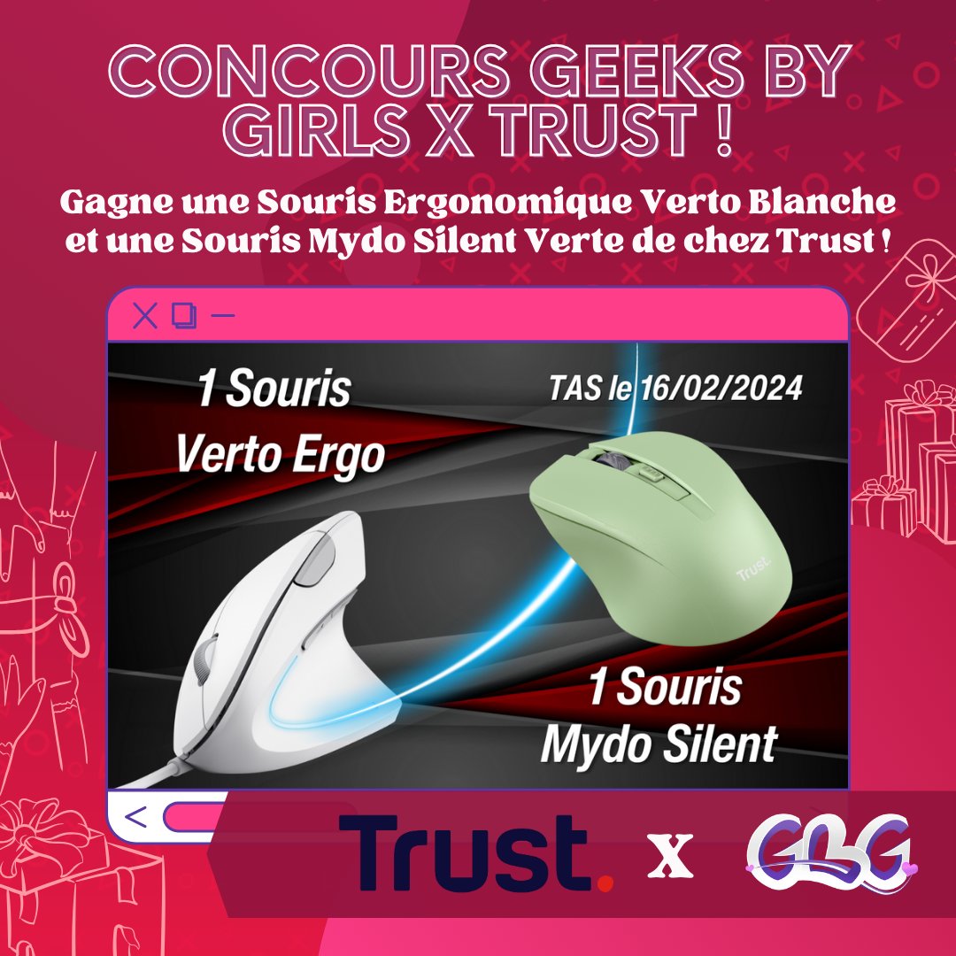 GeeksByGirls's tweet photo. 🚨 Concours #GeeksByGirls x #TrustGaming ! 🚨
🔁 RT
✅ Follow @GeeksByGirls & @TrustGaming
🍀 TAS le 16/02/2024
🩷#Concours #Giveaway #TrustGaming #Gaming #GamingNews #JeuxVideo #HighTech #GamingSetup #GBG
🎁 Gagne une #Souris #Ergo #Verto & une #Souris #Mydo #Silent de chez #Trust ! 🎁